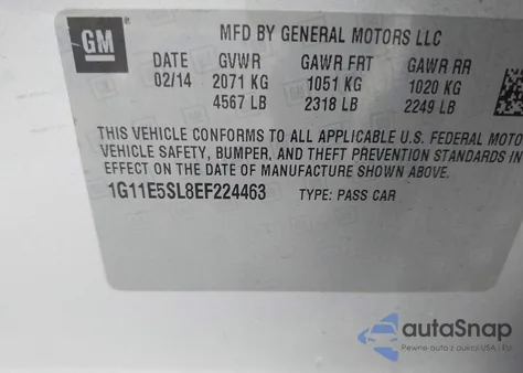 2014 Chevrolet Malibu 2Lt z USA, uszkodzony, nr VIN 1G11E5SL8EF224463